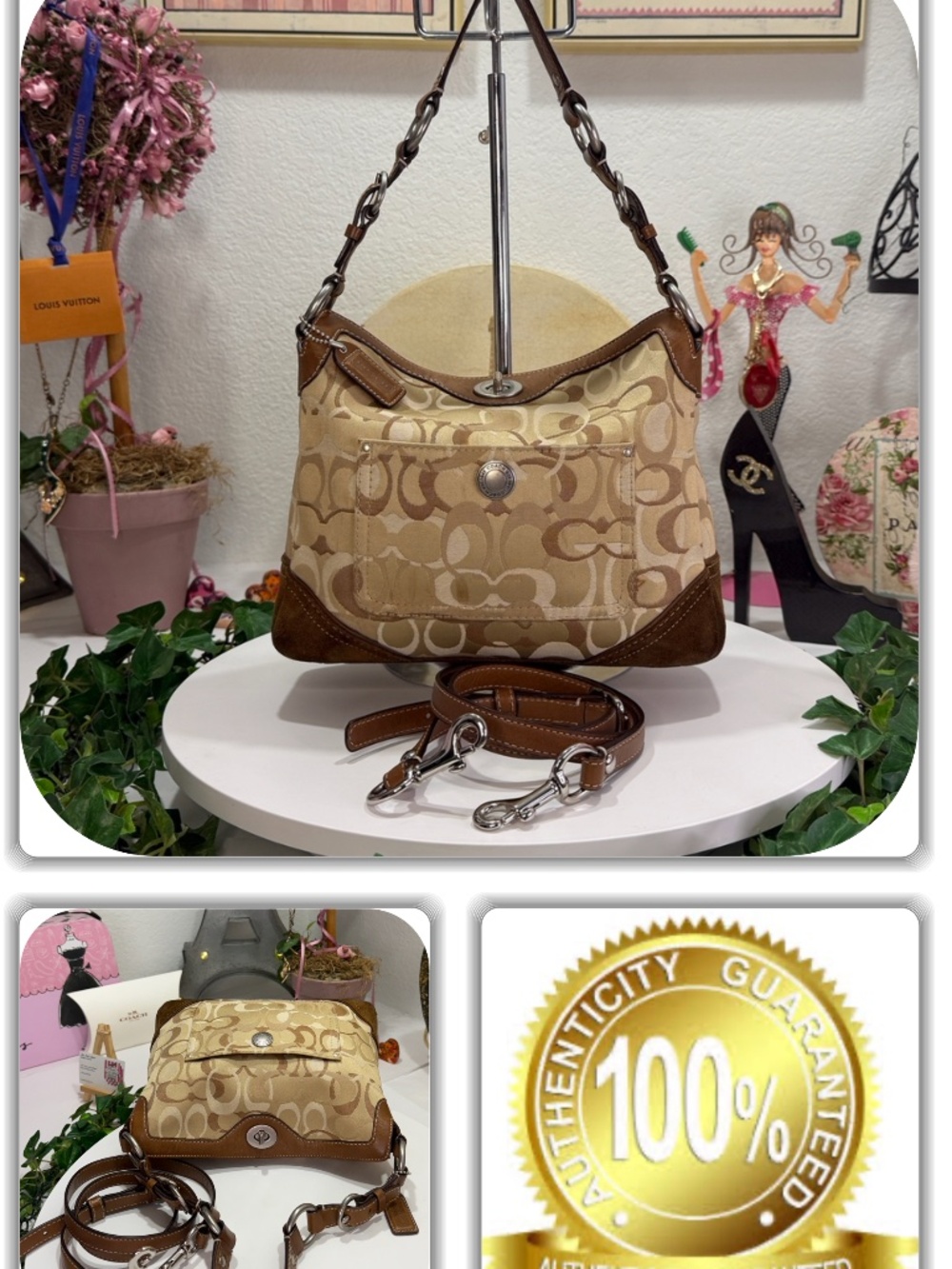 IMPRESSIVE COACH BROWN MONOGRAM TWIST LOCK 2-WAY BAG!